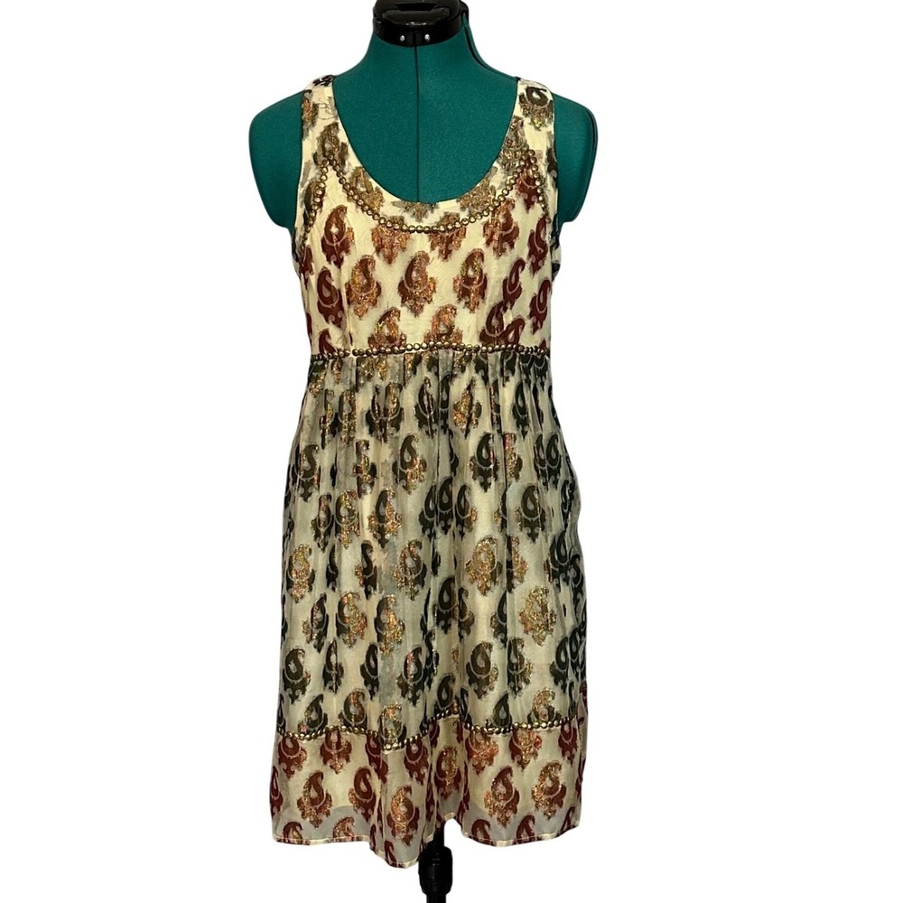 Free People Mini Dress Studded Paisley Metallic 4 Cream Boho Festival Racerback‎